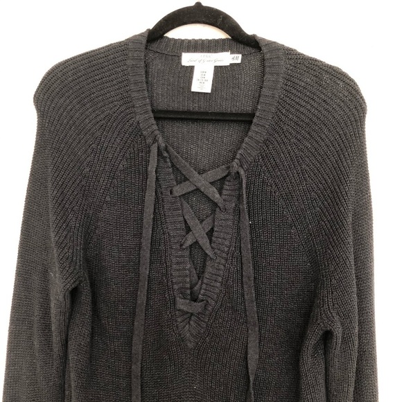 H&M LOGG Label of Graded Goods Womens Navy Lace-Up V Neck Sweater Size Medium - Picture 2 of 5